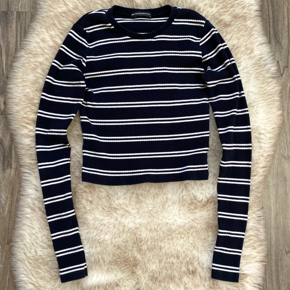 Brandy Melville Navy Blue Ribbed Striped Longsleeve Top Tshirt